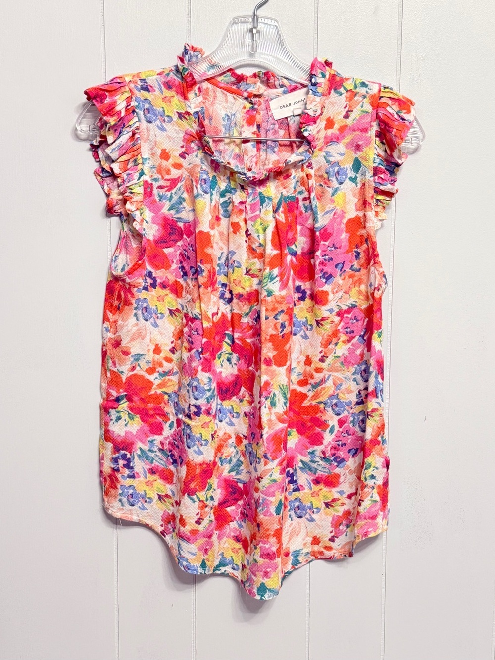 #10) Dear John Multicolor Floral Ruffle Sleeve Top With Button Down Back